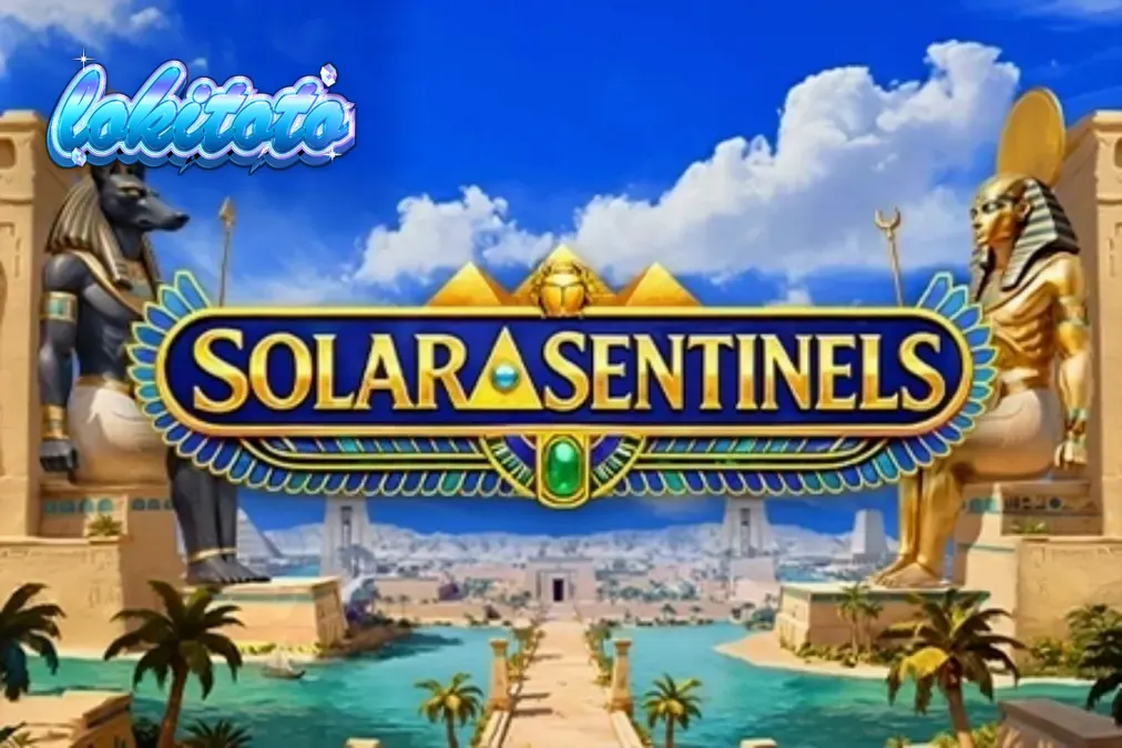 Pemandangan sinematik dari slot Solar Sentinels dengan latar belakang monumen Mesir kuno.